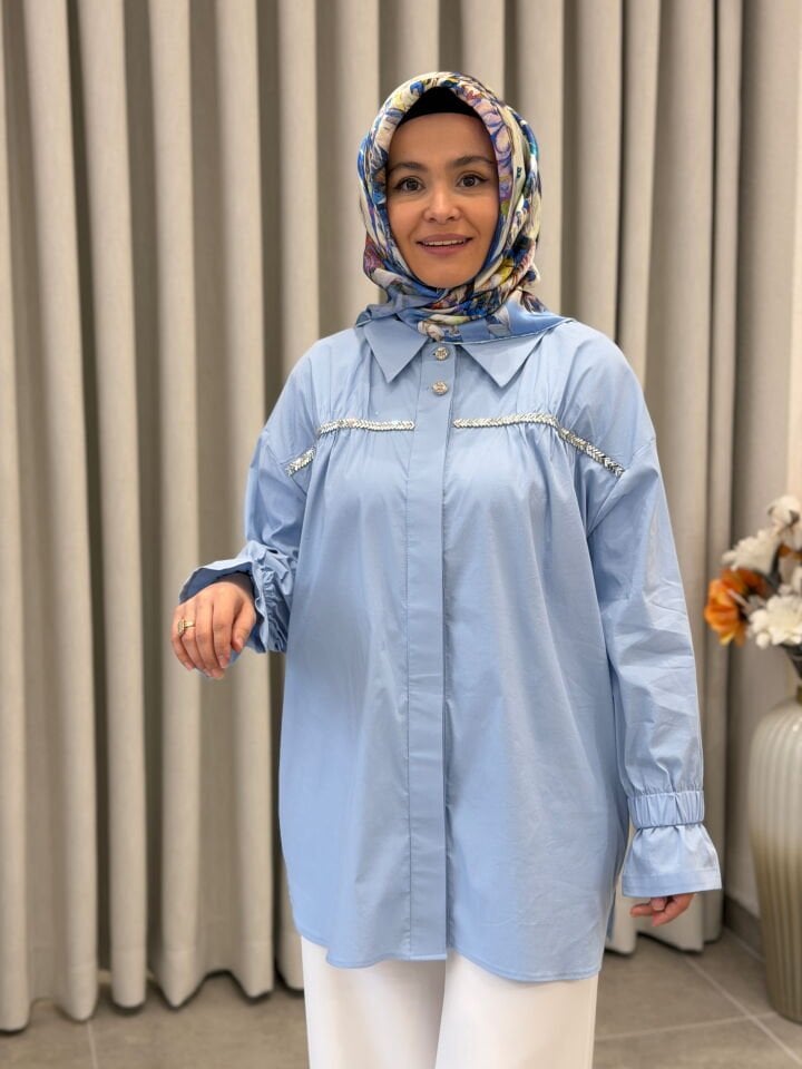 TIĞ TRİKO TAŞLI ŞERİTLİ  GÖMLEK MAVİ