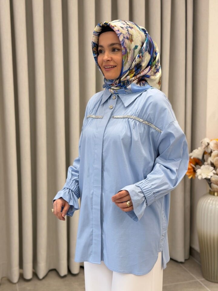 TIĞ TRİKO TAŞLI ŞERİTLİ  GÖMLEK MAVİ