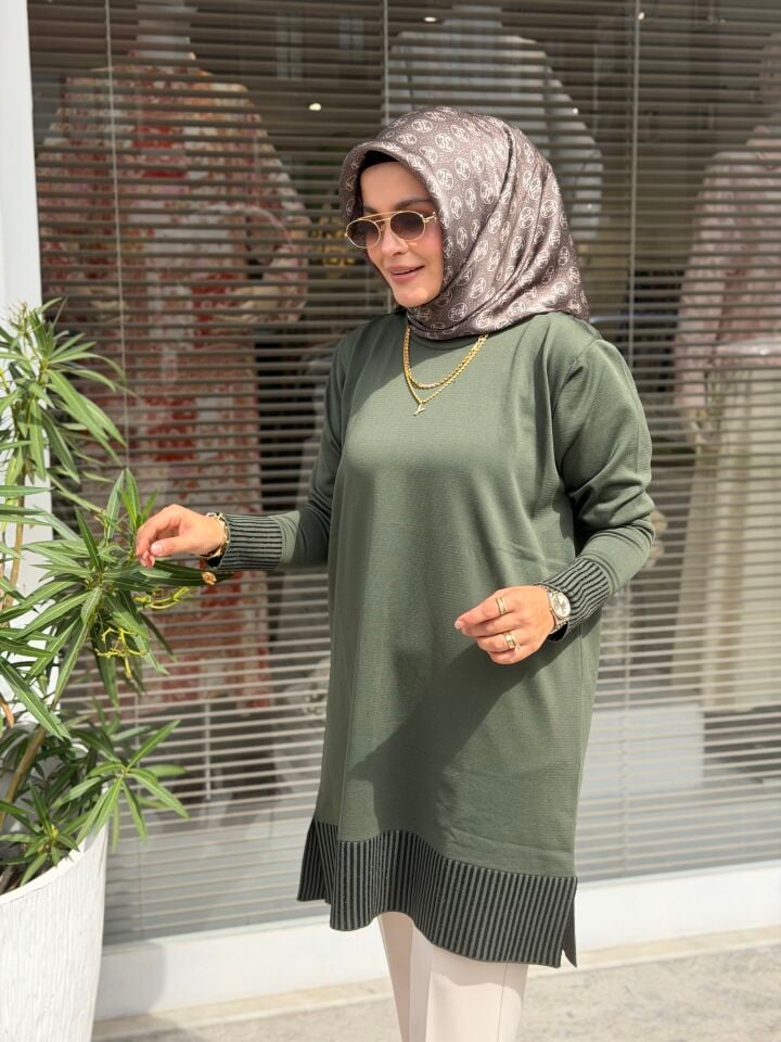 KADO MERSERİZE KOL VE ETEK UCU SİM DETAYLI TUNİK HAKİ