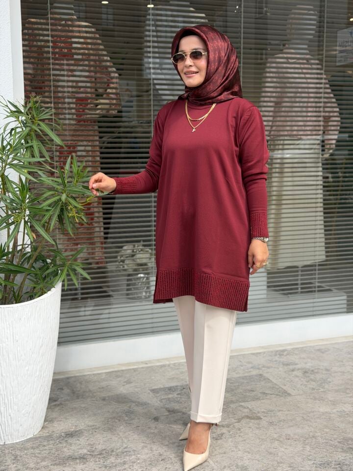 KADO MERSERİZE KOL VE ETEK UCU SİM DETAYLI TUNİK BORDO