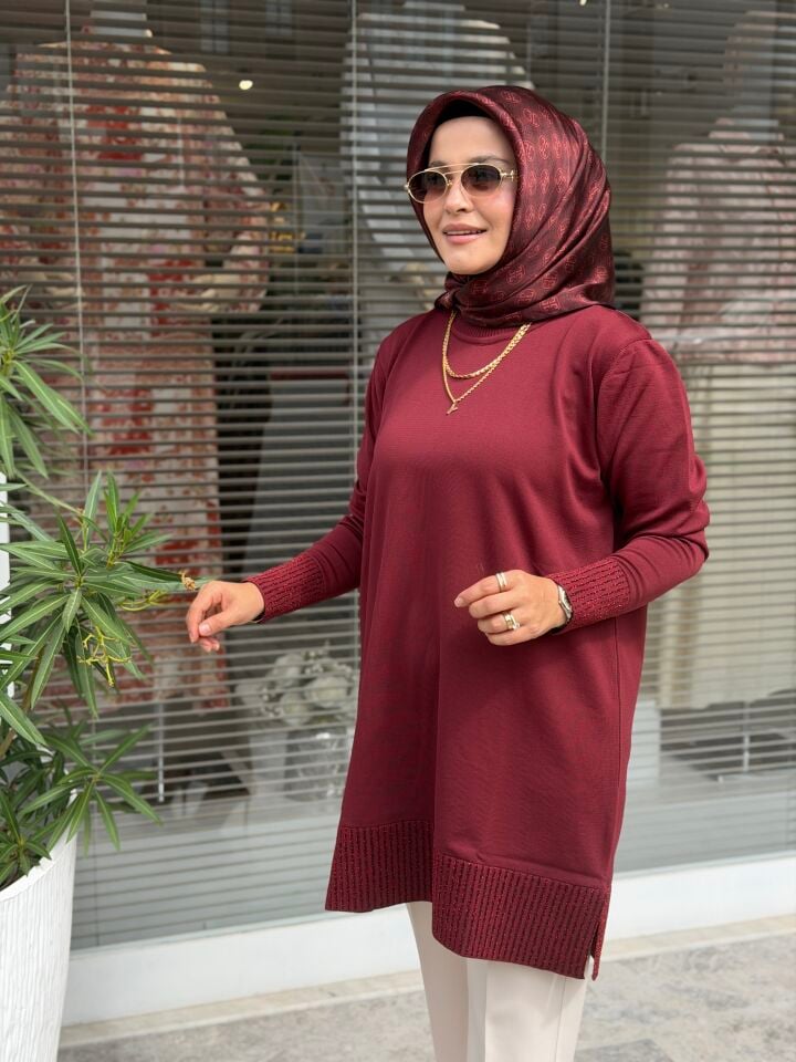 KADO MERSERİZE KOL VE ETEK UCU SİM DETAYLI TUNİK BORDO