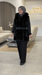 YAQA HAKİKİ KÜRK RİBANALI DERİ DETAYLI YELEK SİYAH