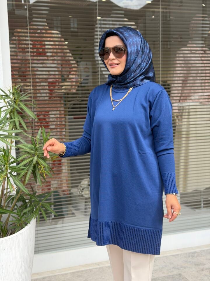 KADO MERSERİZE KOL VE ETEK UCU SİM DETAYLI TUNİK SAX