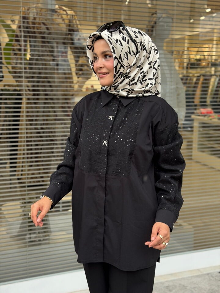 TIĞ TRİKO GLİTTER BASKI EFEKTLİ GÖMLEK SİYAH