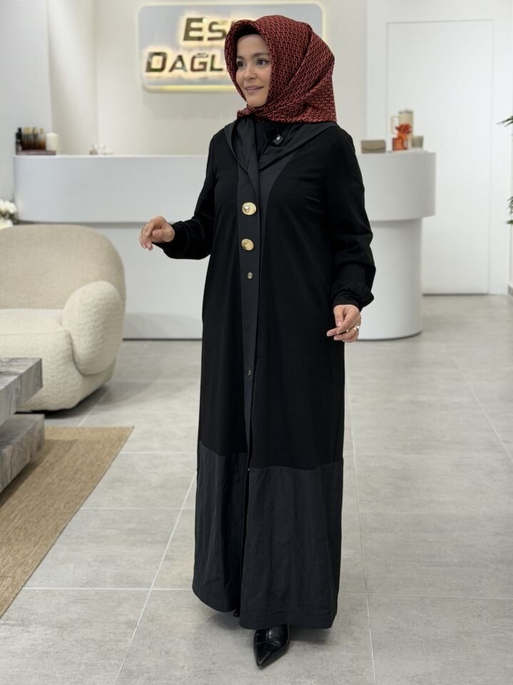 ARMİNE PARAŞÜT KUMAŞ DETAYLI FERACE SİYAH