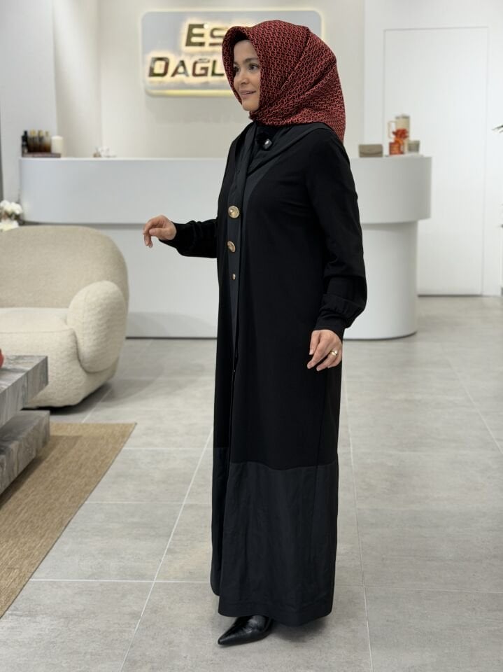 ARMİNE PARAŞÜT KUMAŞ DETAYLI FERACE SİYAH