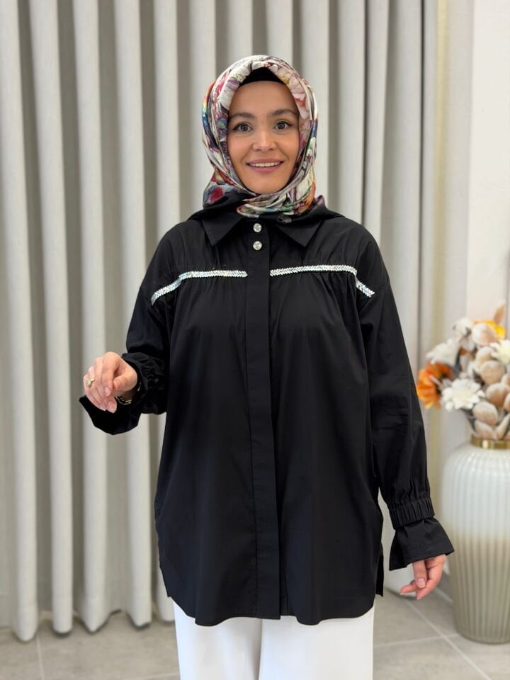 TIĞ TRİKO TAŞLI ŞERİTLİ  GÖMLEK SİYAH