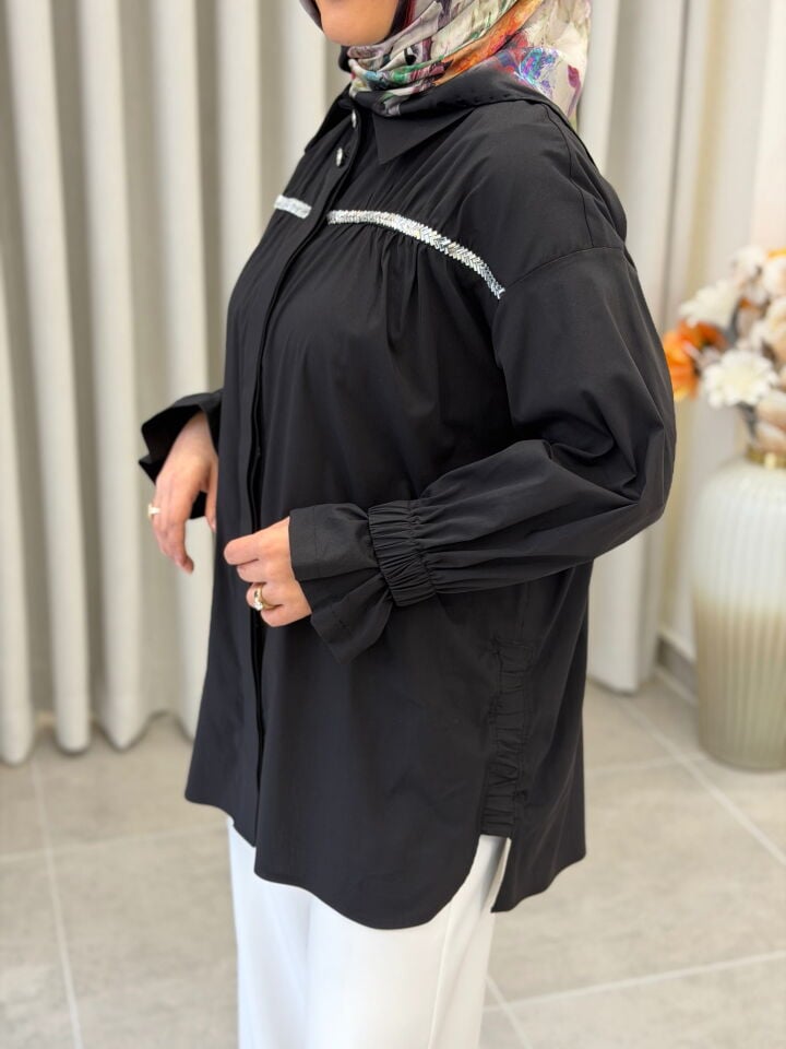 TIĞ TRİKO TAŞLI ŞERİTLİ  GÖMLEK SİYAH