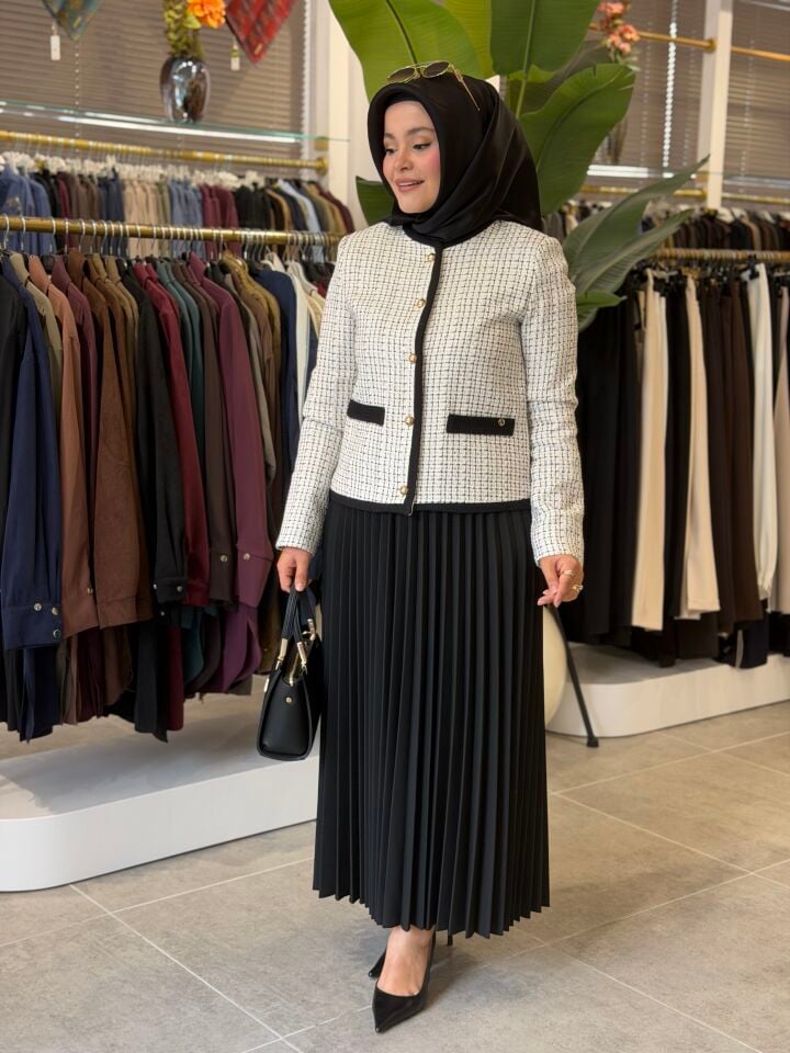 ARMİNE TREND TÜVİT CEKET PİLİSE ETEKLİ TAKIM EKRU