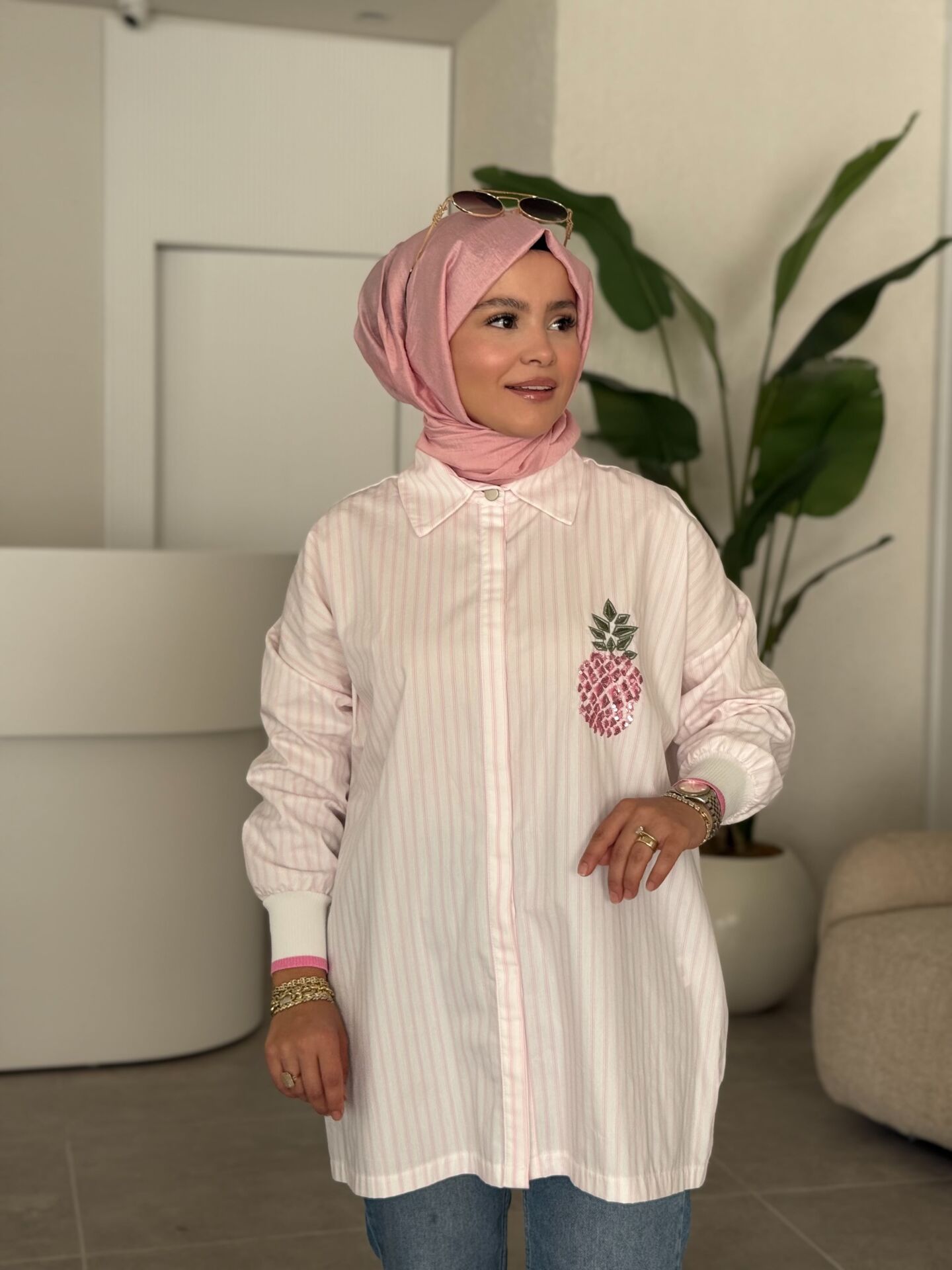 TIĞ TRİKO RİBANALI ÇİZGİLİ POPLİN GÖMLEK PEMBE