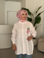 TIĞ TRİKO RİBANALI ÇİZGİLİ POPLİN GÖMLEK PEMBE