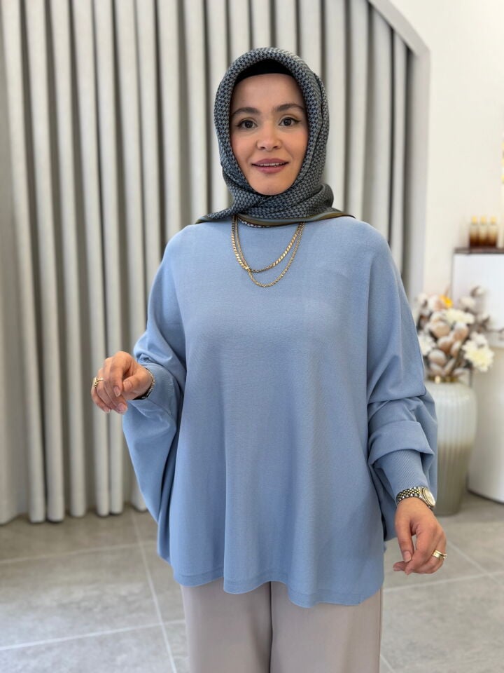 TIĞ TRİKO YARASA KOL SIFIR YAKA BLUZ MAVİ