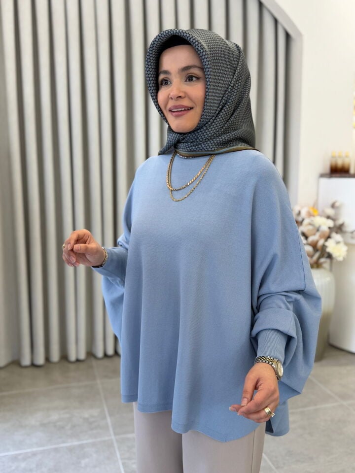 TIĞ TRİKO YARASA KOL SIFIR YAKA BLUZ MAVİ