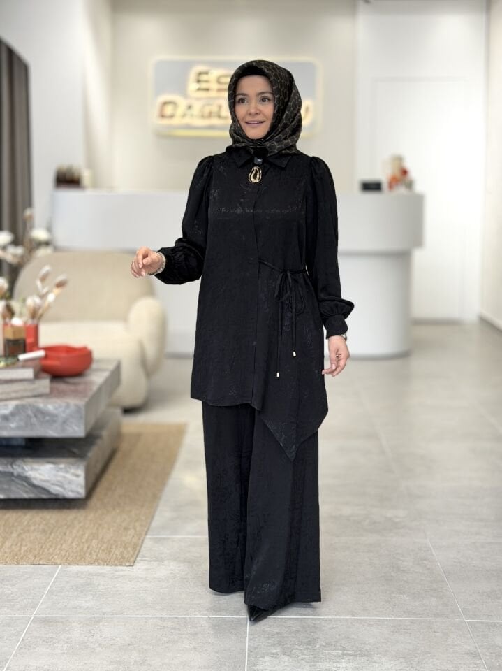 ARMİNE JAKAR TENCEL PANTOLONLU TAKIM SİYAH