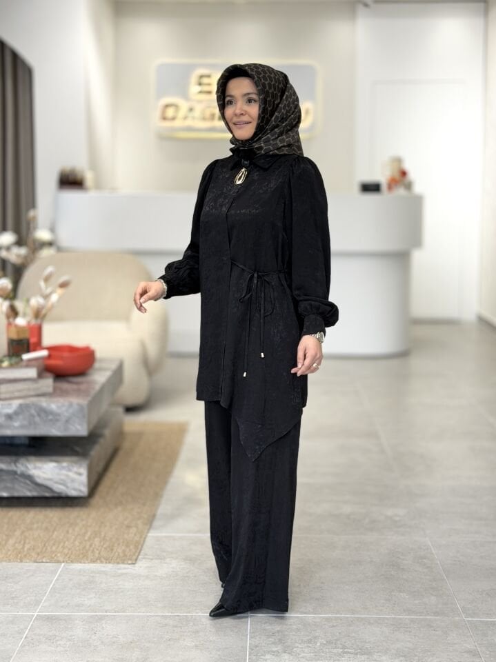 ARMİNE JAKAR TENCEL PANTOLONLU TAKIM SİYAH