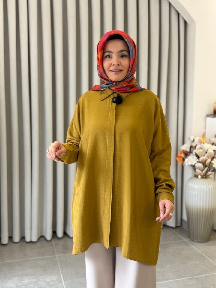 KADO TENCEL OVERSİZE GÖMLEK YAĞ YEŞİLİ