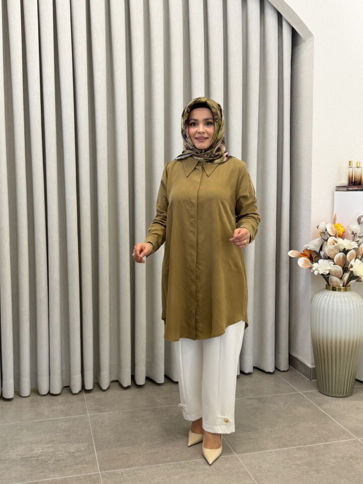 AYŞE AKAY İPEK CUBRA GÖMLEK YAĞ YEŞİLİ