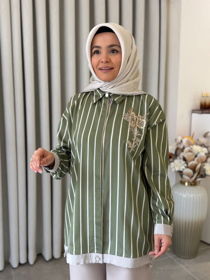 TIĞ TRİKO NAKIŞ VE BONCUK İŞLEMELİ ÇİZGİLİ GÖMLEK YEŞİL