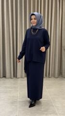 TIĞ TRİKO PÜSKÜL DETAYLI RAYON ETEKLİ TAKIM LACİVERT