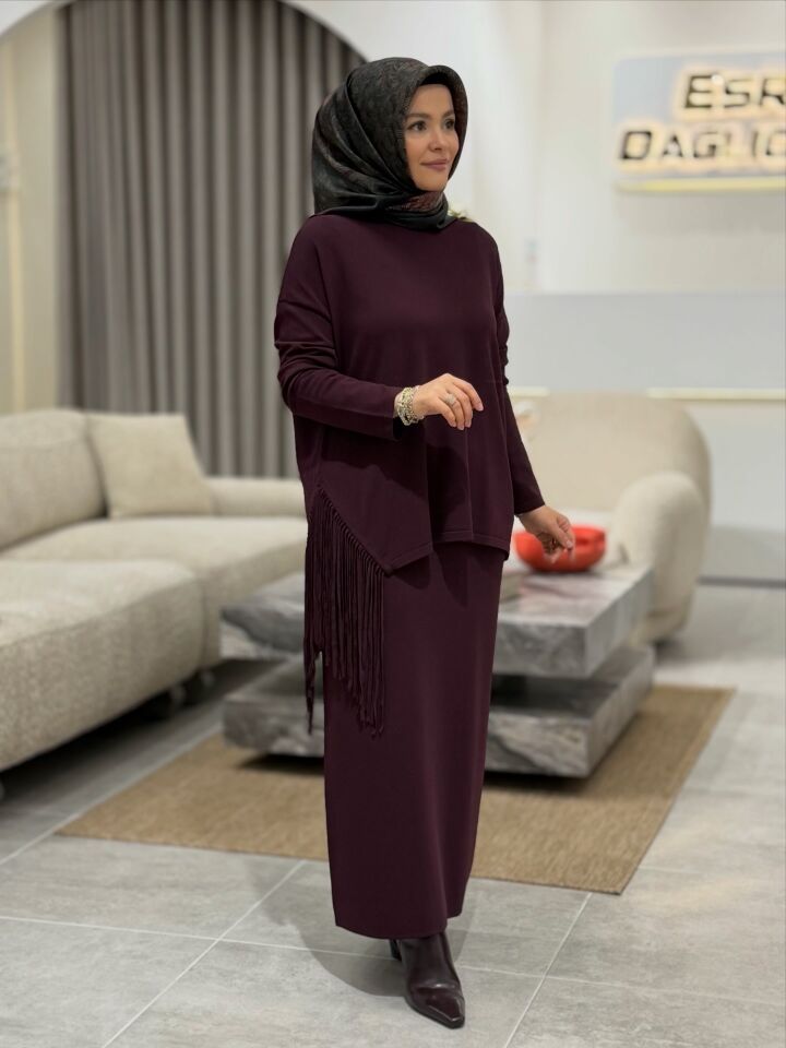 TIĞ TRİKO PÜSKÜL DETAYLI RAYON ETEKLİ TAKIM BORDO