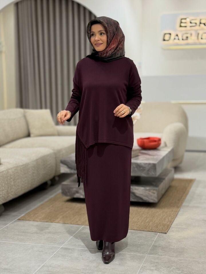 TIĞ TRİKO PÜSKÜL DETAYLI RAYON ETEKLİ TAKIM BORDO