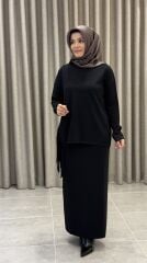 TIĞ TRİKO PÜSKÜL DETAYLI RAYON ETEKLİ TAKIM SİYAH