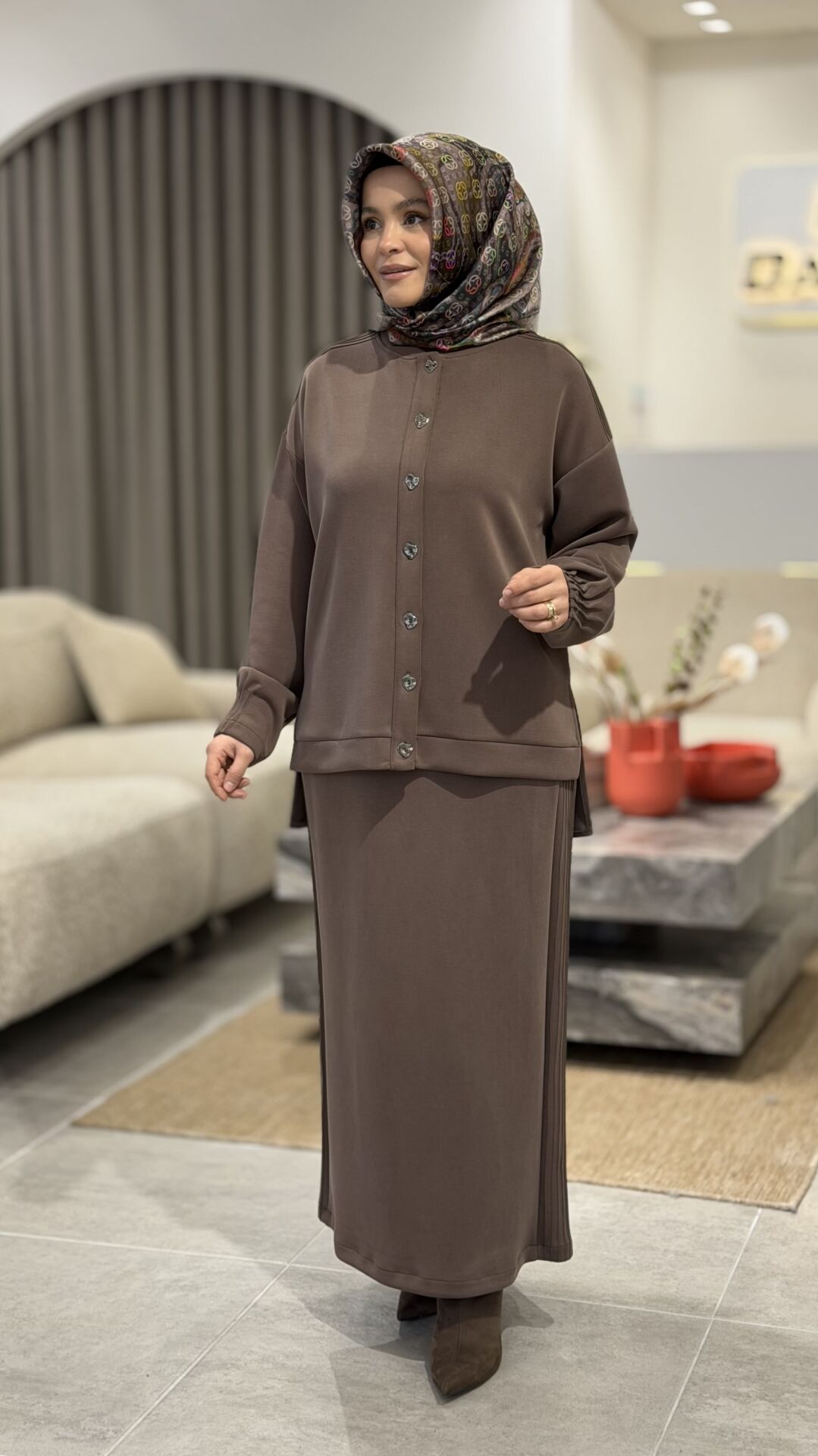 TIĞ TRİKO OYSHO KUMAŞ ETEKLİ TAKIM KAHVE