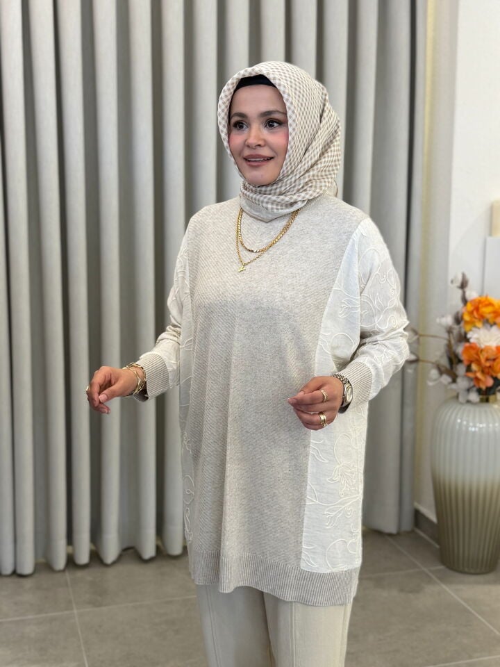 TIĞ TRİKO KETEN KOMBİNLİ TRİKO TUNİK BEJ