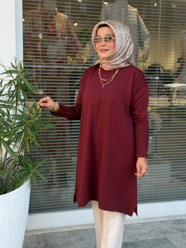 KADO MERSERİZE KOL FERMUAR DETAYLI TUNİK BORDO