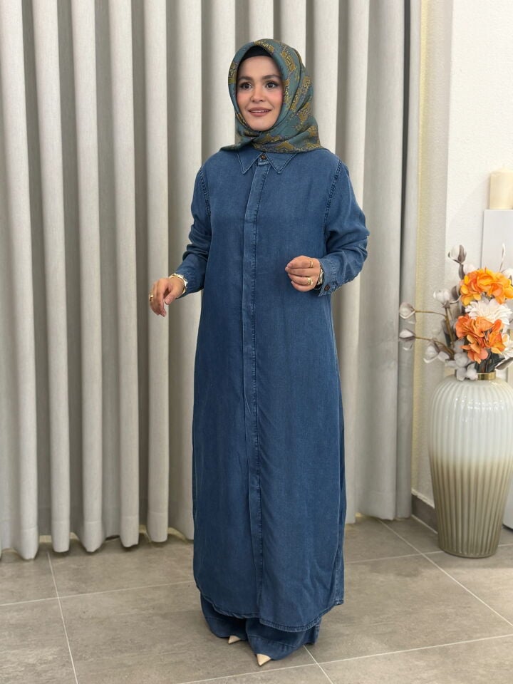 AYŞE AKAY KOT TENCEL TAKIM MAVİ
