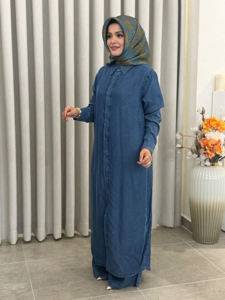 AYŞE AKAY KOT TENCEL TAKIM MAVİ
