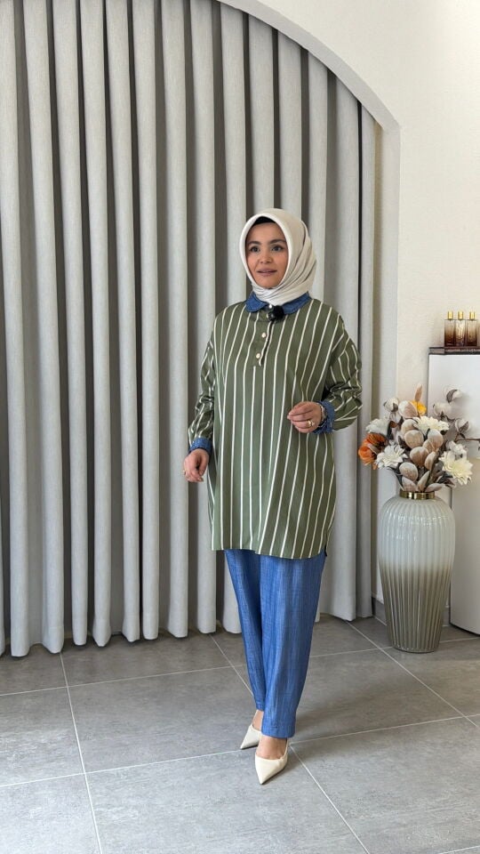 TIĞ TRİKO YAKASI FIRFIR DETAYLI PANTOLONLU TAKIM YEŞİL