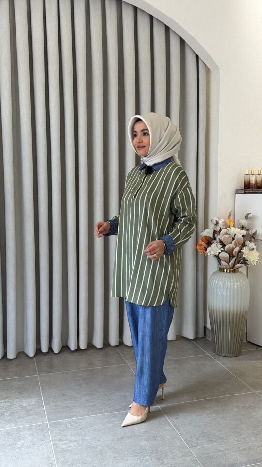 TIĞ TRİKO YAKASI FIRFIR DETAYLI PANTOLONLU TAKIM YEŞİL