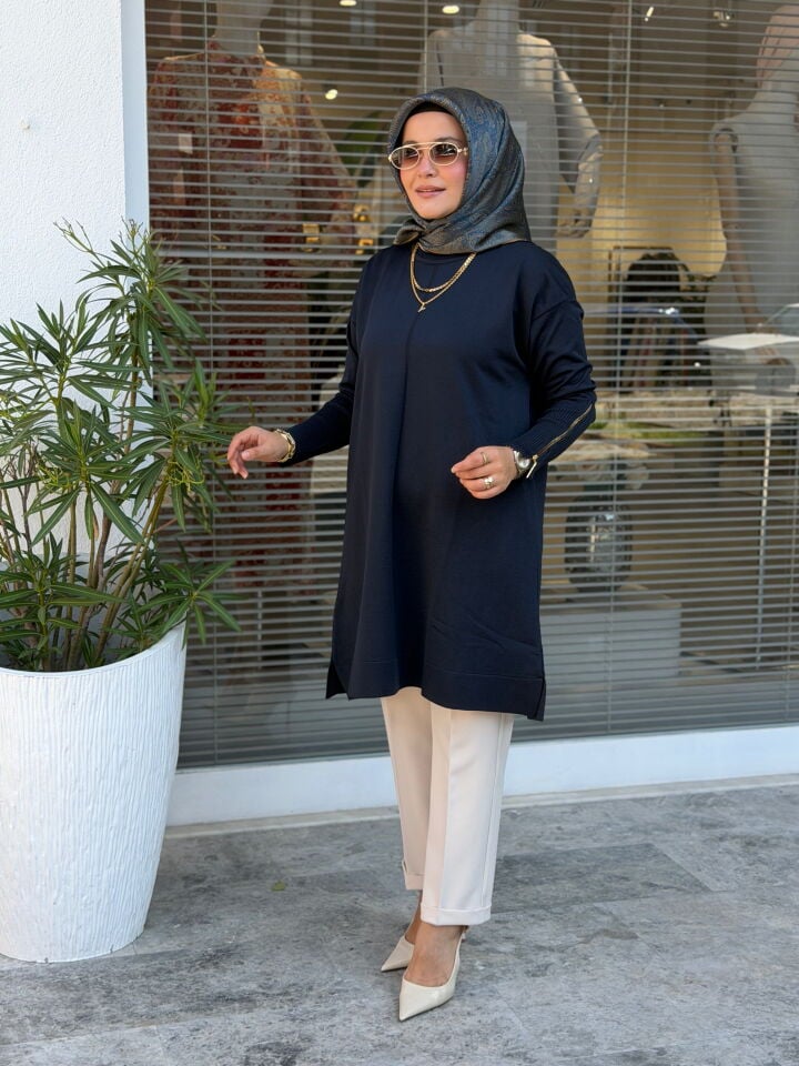 KADO MERSERİZE KOL FERMUAR DETAYLI TUNİK LACİVERT