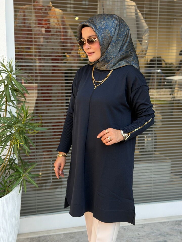KADO MERSERİZE KOL FERMUAR DETAYLI TUNİK LACİVERT