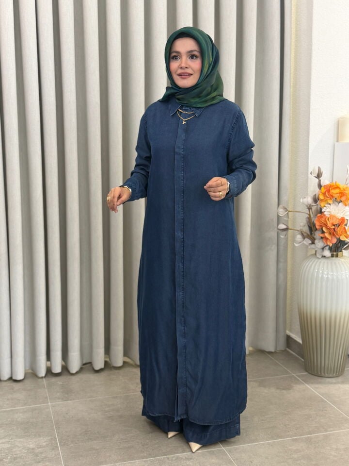 AYŞE AKAY KOT TENCEL TAKIM KOYU MAVİ