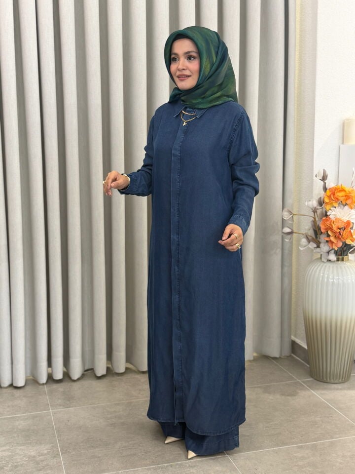 AYŞE AKAY KOT TENCEL TAKIM KOYU MAVİ