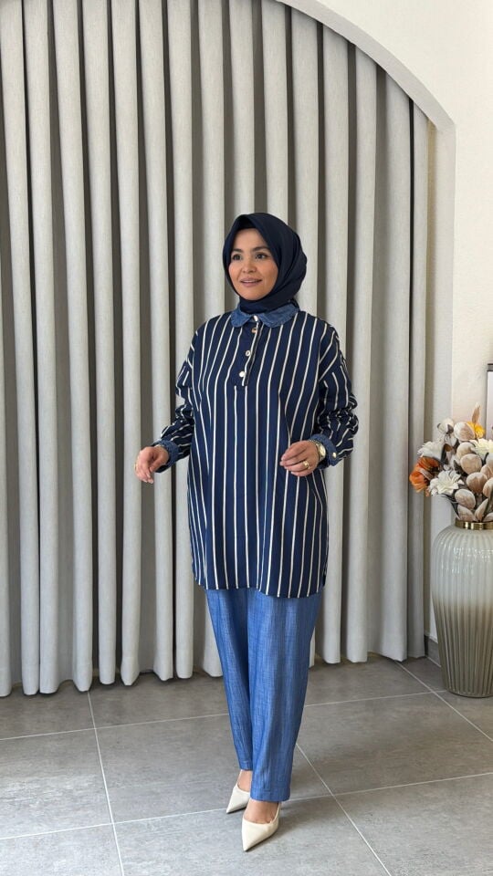 TIĞ TRİKO YAKASI FIRFIR DETAYLI PANTOLONLU TAKIM LACİVERT