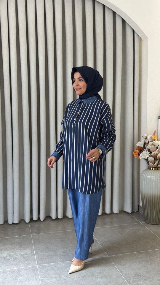 TIĞ TRİKO YAKASI FIRFIR DETAYLI PANTOLONLU TAKIM LACİVERT