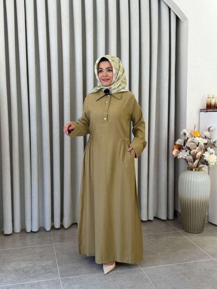 KADO BELİ LASTİK DETAYLI ELBİSE YAĞ YEŞİLİ