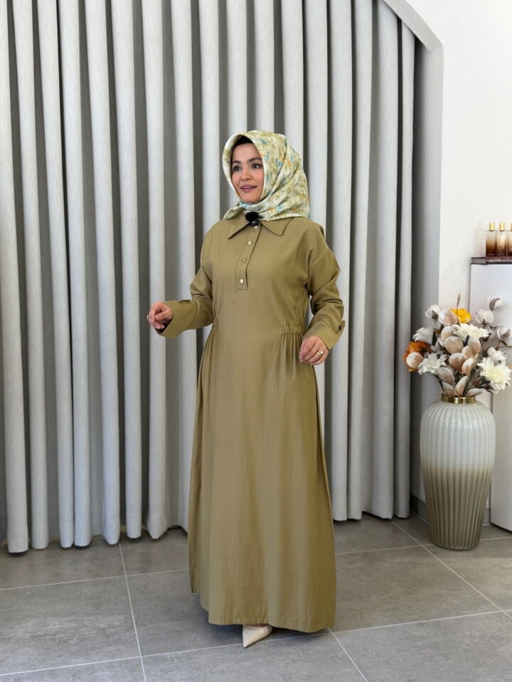 KADO BELİ LASTİK DETAYLI ELBİSE YAĞ YEŞİLİ