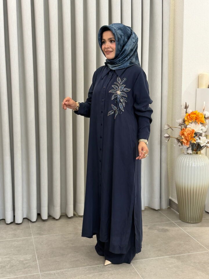 AYŞE AKAY BONCUK İŞLEMELİ TENCEL TAKIM LACİVERT