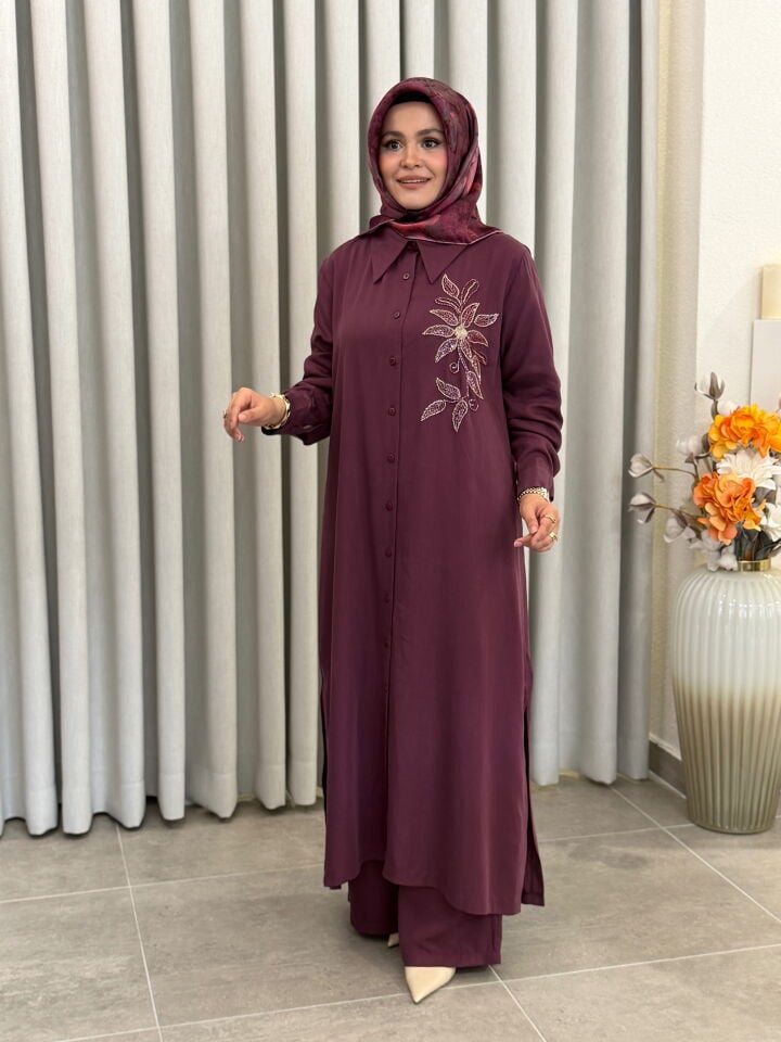 AYŞE AKAY BONCUK İŞLEMELİ TENCEL TAKIM MÜRDÜM