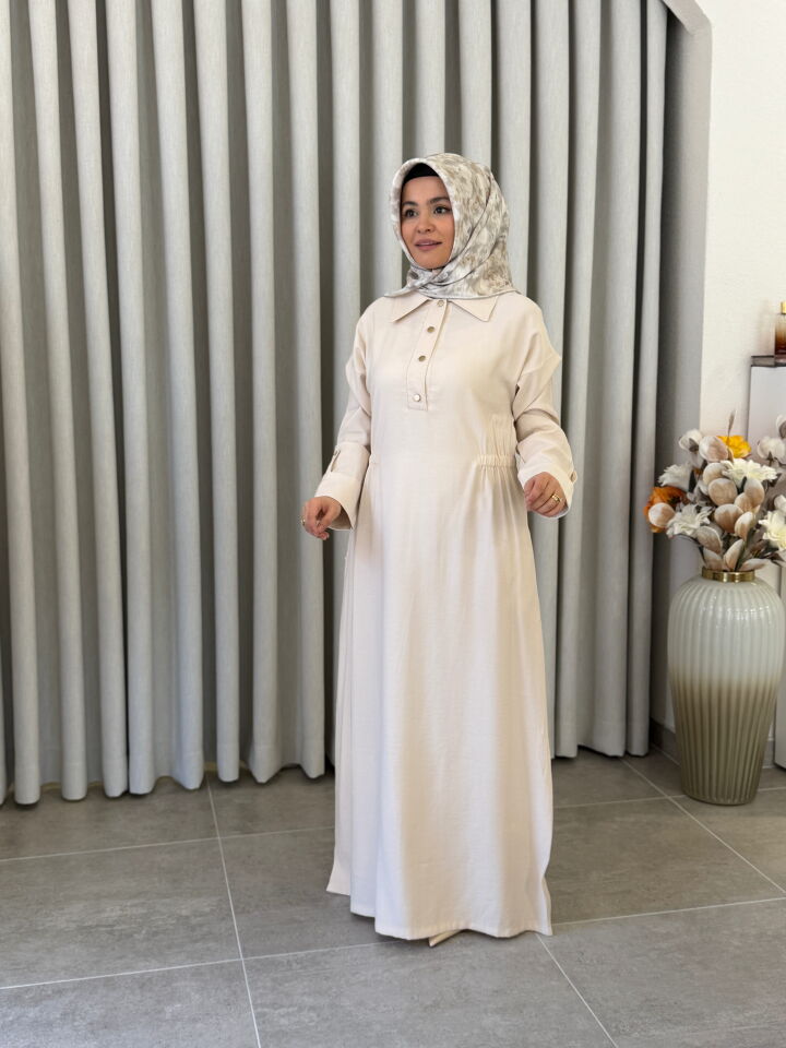 KADO BELİ LASTİK DETAYLI ELBİSE TAŞ