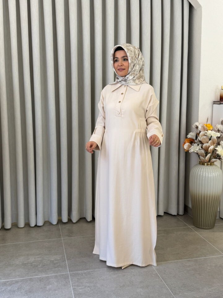 KADO BELİ LASTİK DETAYLI ELBİSE TAŞ