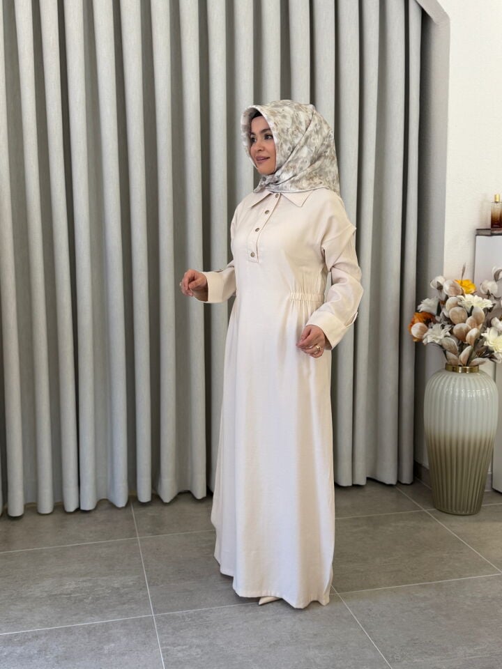 KADO BELİ LASTİK DETAYLI ELBİSE TAŞ