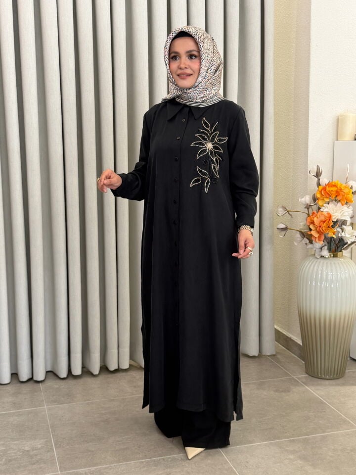 AYŞE AKAY BONCUK İŞLEMELİ TENCEL TAKIM SİYAH