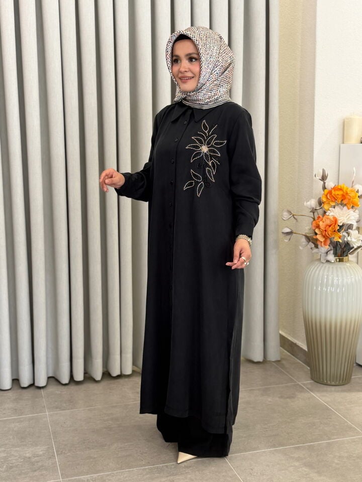AYŞE AKAY BONCUK İŞLEMELİ TENCEL TAKIM SİYAH