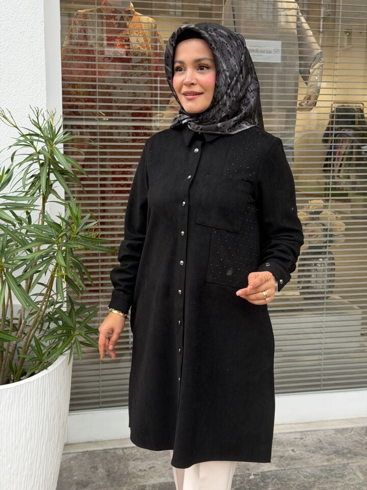AVENNA TAŞ DETAYLI KADİFE GÖMLEK SİYAH