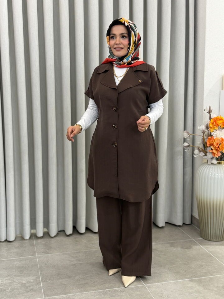 ARMİNE TREND PAMUK TENCEL YELEKLİ TAKIM KAHVERENGİ